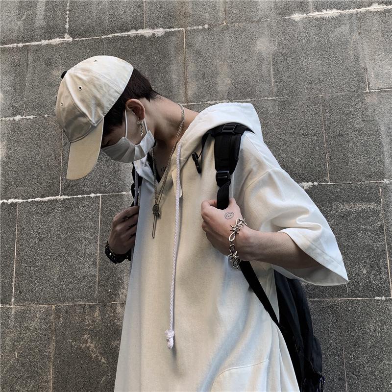 Dark Trendy Oversized Men's Hip-Hop Hooded Short-Sleeve Korean Style T-Shirt