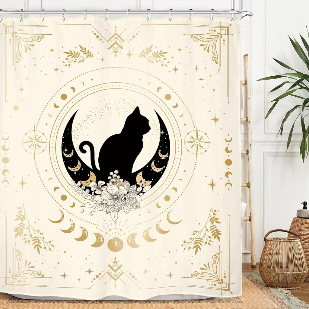 Witchy Gothic Shower Curtain - Moon Phase & Teal Wildflower Design,Mysterious Night Botanical Polyester,60x71 Inch with 12 Hooks
