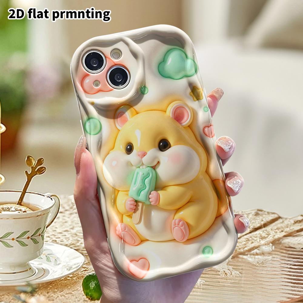 Phone Case: 2D flat design suitable for iPhone 18 17 16 15 14 13 Pro protective case, little yellow hamster eating popsicle, perfect Christmas and Hal