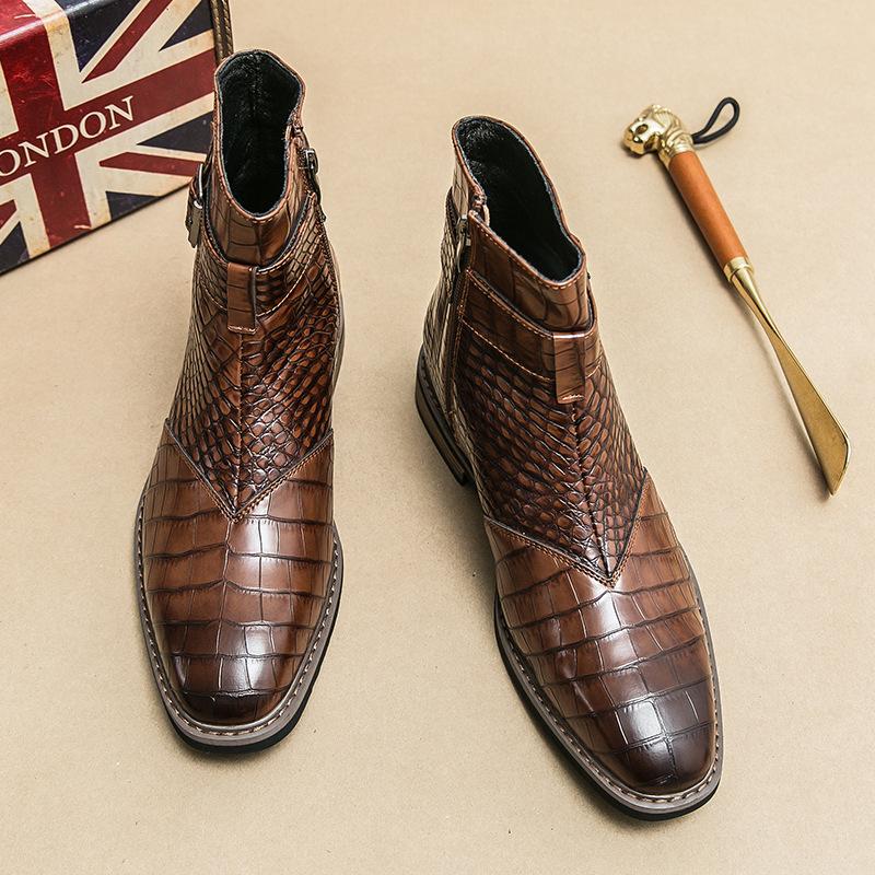 Fashion Men's Ankle Boots Fashion Pointed Leather Boots Designer Crocodile Pattern High-top Boots for Men Casual Business Dress Booties