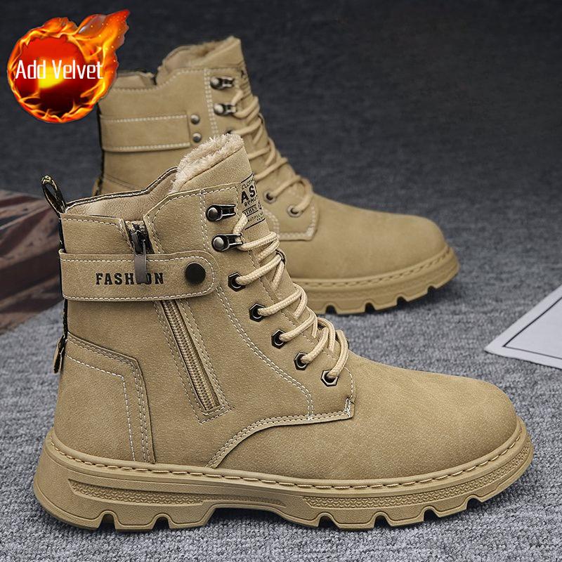 Thickened Fleece Lined Men's Winter Warm Cotton Padded Snow Boots Work Safety Motorcycle Workwear Leather Waterproof Lace Up