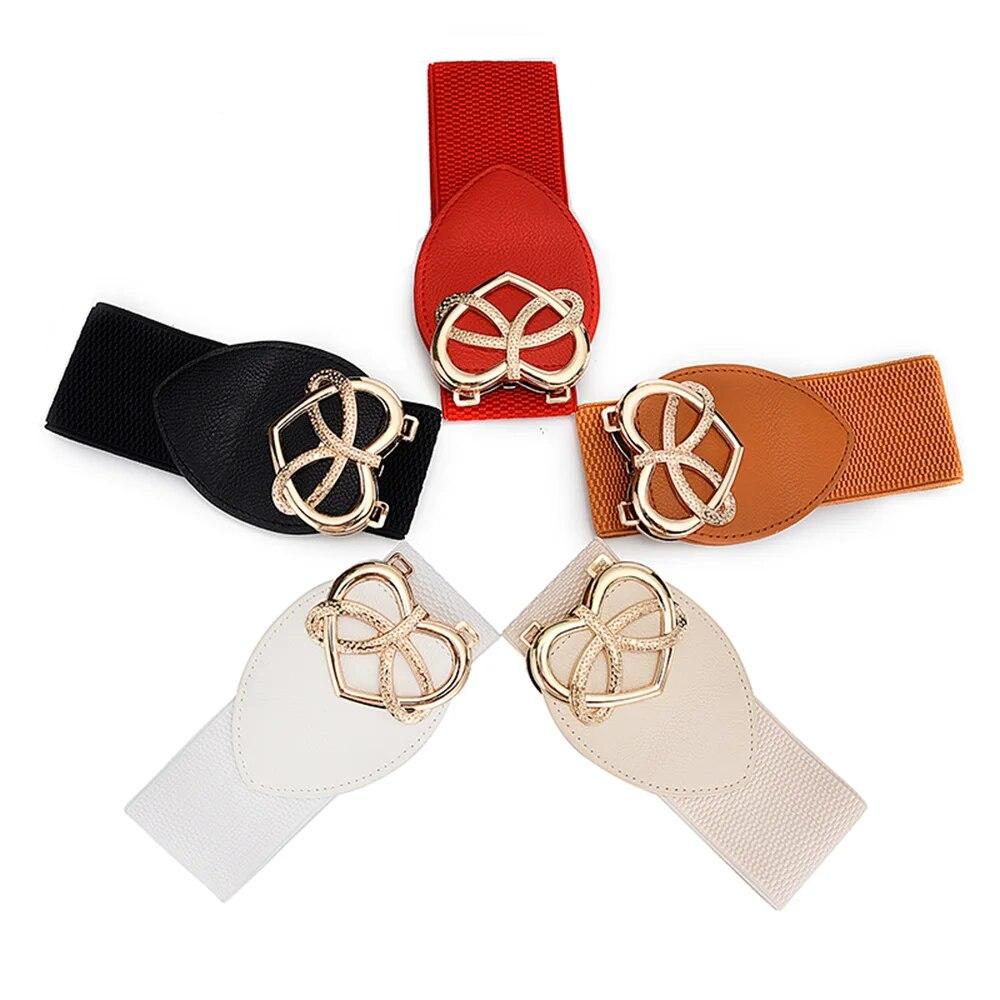 Women's Waist Cover Fashionable Golden Buckle Elastic Waist Closure With Double Hook Buckle Wide Belt With Coat Dress Women Belt