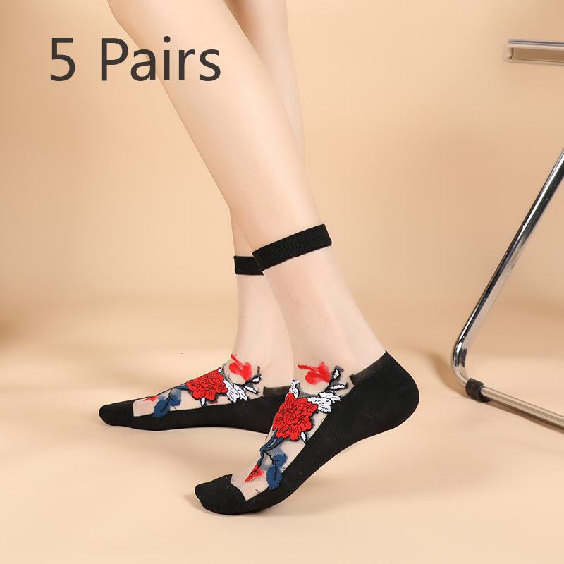 5 Pairs of Women's Summer Thin Fashion New Flower Tube Crystal Stockings