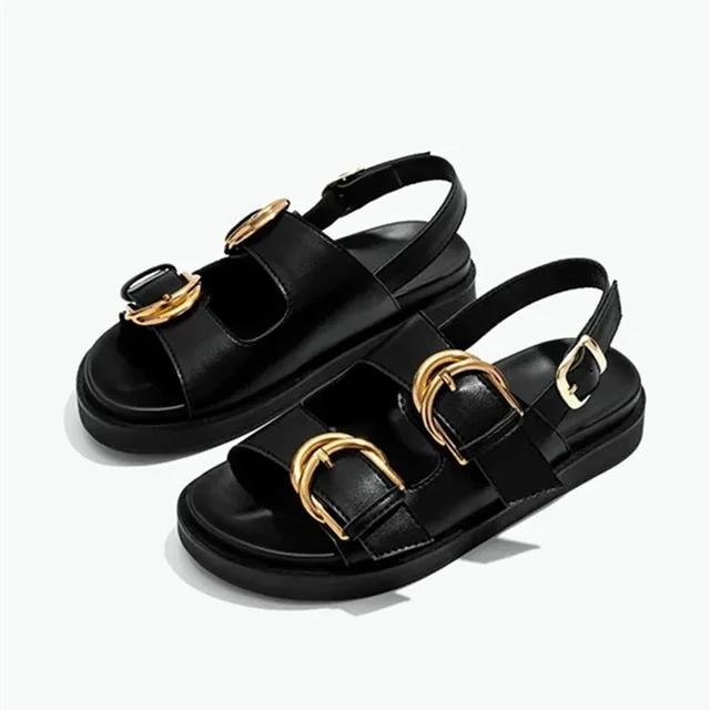 

Summer Ladies Retro Flat Thick Sole Metal Buckle Sandals