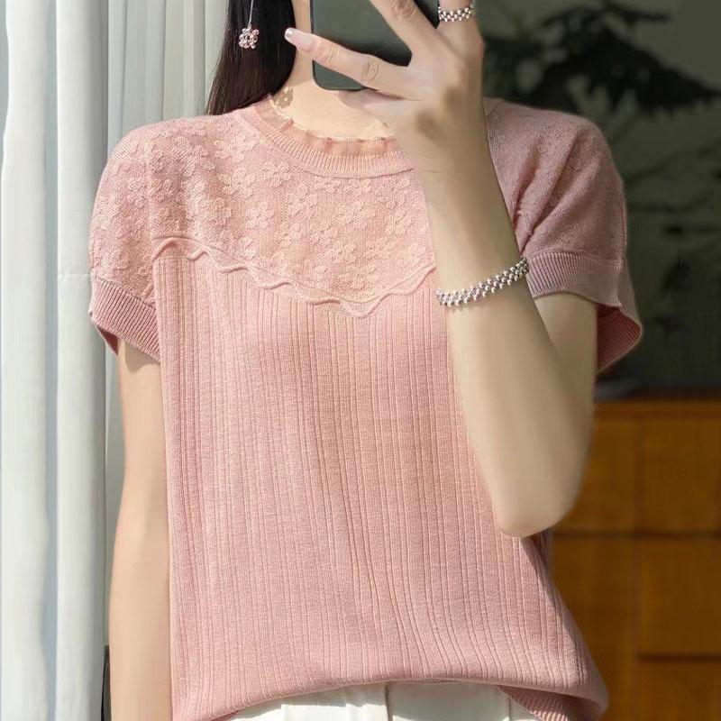 French Light Luxury Ice Silk Knitted Sweater for Short-sleeved Women's Summer Lace Collar Jacquard Base Shirt Fashionable Pullover T-shirt