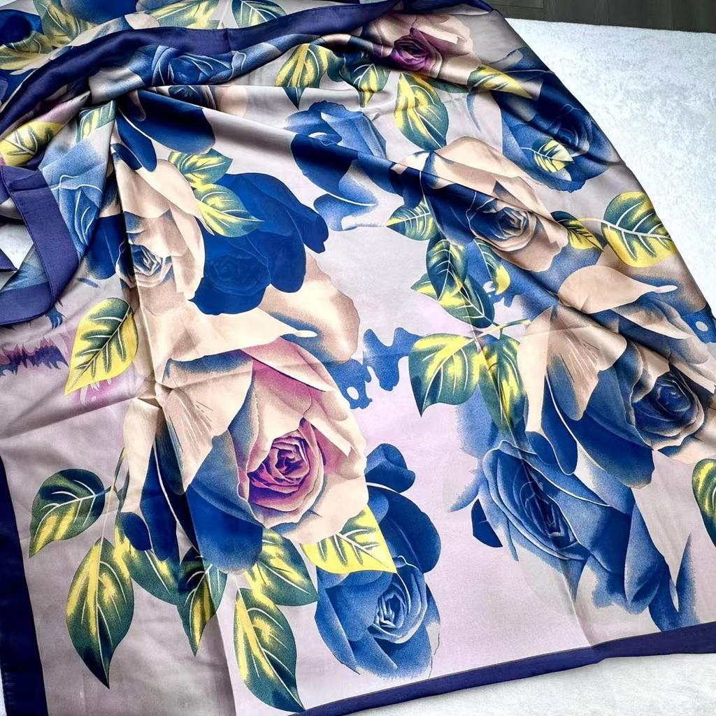 Satin imitation silk flower pattern spring and summer new 91x181 lengthened thin printed silk scarf elegant