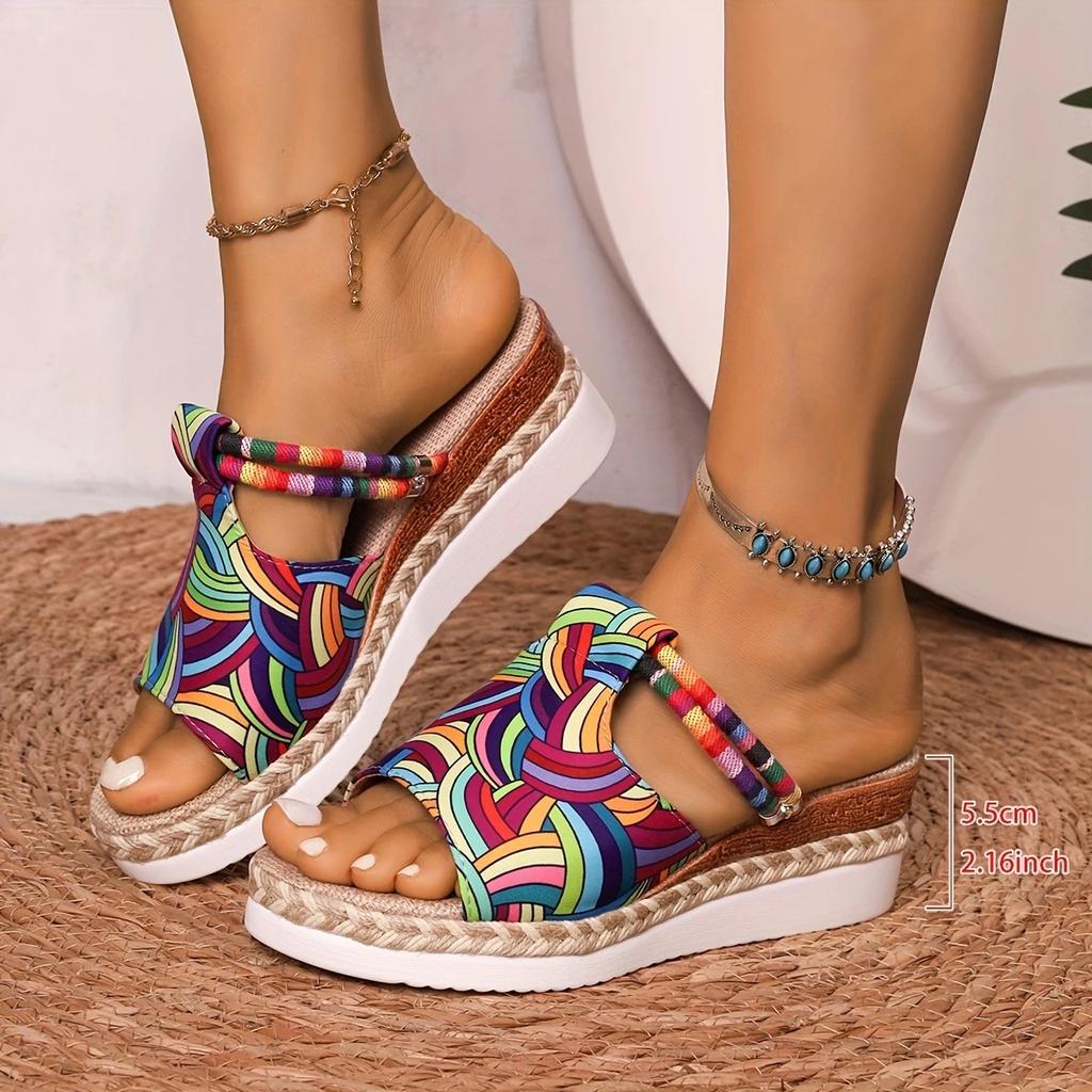 Fashion Summer New Colorful Printed Wedge Heel Slippers for Women, Fashionable Fish-mouth High-heeled Beach Slippers in Bohemia
