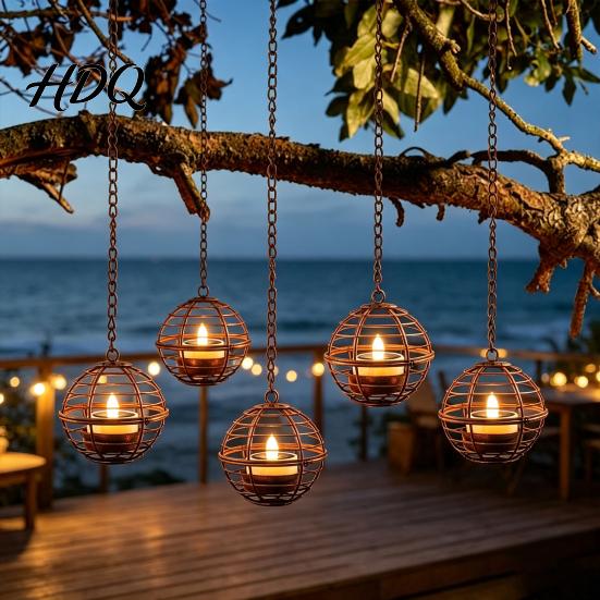 Outdoor Solar Hanging Lanterns Lantern Waterproof Lantern with Tea Light Metal Garden Lights Iron Ball Candle Holder for Backyard Patio Decoration