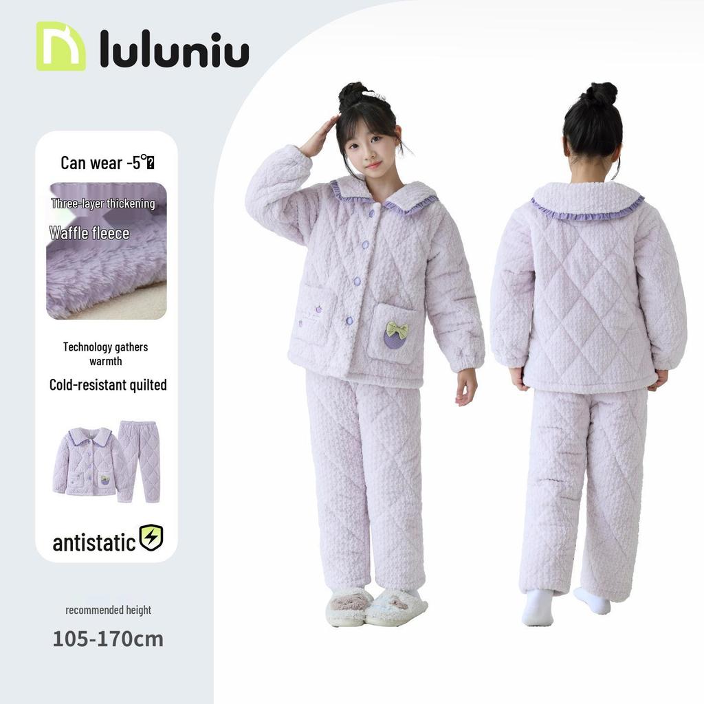 Lulu Cow Girls' Winter Flanell Gesteppter Pyjama - Warme Dreilagige Nachtwäsche für Mittlere und Große Mädchen
