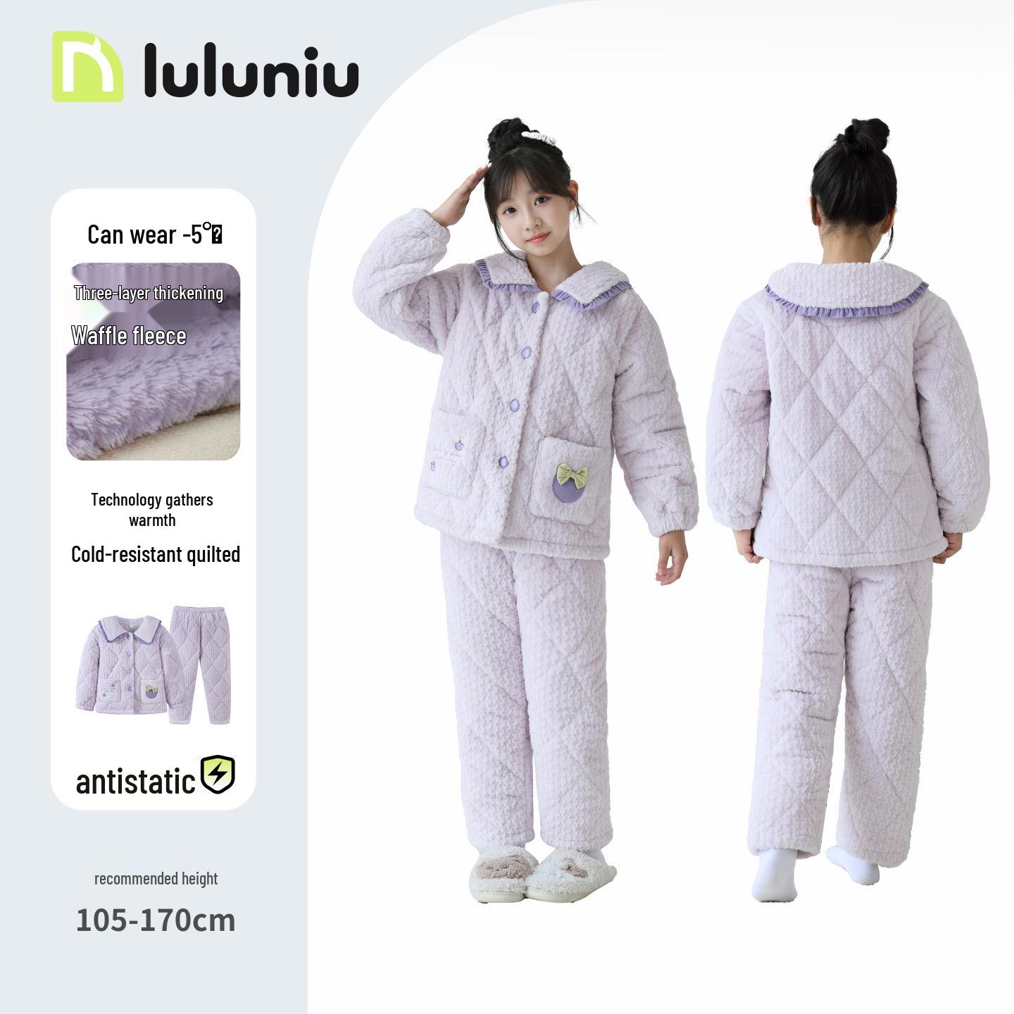 

Lulu Cow Girls Winter Flannel Quilted Pajamas - Warm Three-Layer Sleepwear for Middle and Big Girls 110cm (Recommended Height 105-115)
