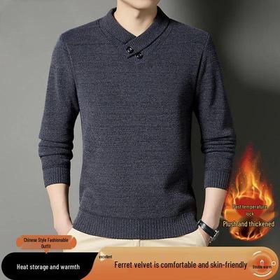Men's Mink Velvet Fleece-Lined V-Neck Sweater: Warm Autumn/Winter Knit Scarf Collar Sweatshirt