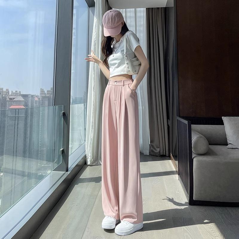 White ice silk suit pants women's summer loose wear women's clothing small lazy drape narrow wide-leg pants