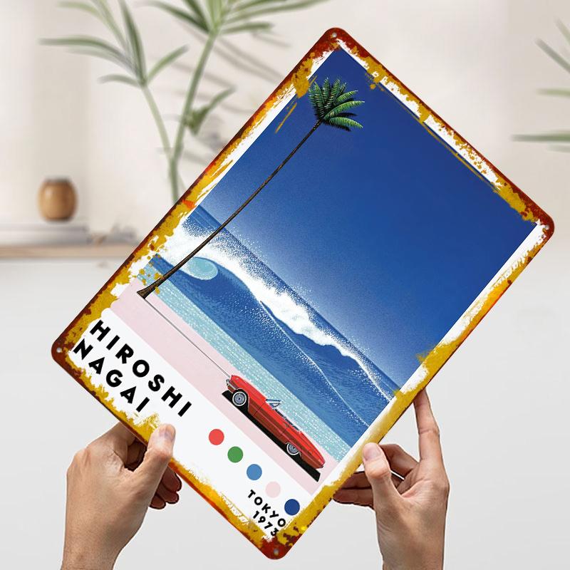 

Hiroshi Nagai Beach Scene With Car Tinplate Poster Customized Wall Art Vintage Metal Signs Retro Tin Plaque for Decoration Room 7.9x11.8In(20x30cm)