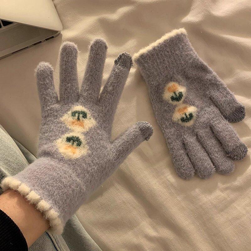 Knitted Five Finger Gloves for Women In Winter  Warm and Velvet Thickened  Student Anti Cold and Freezing Cycling Gloves
