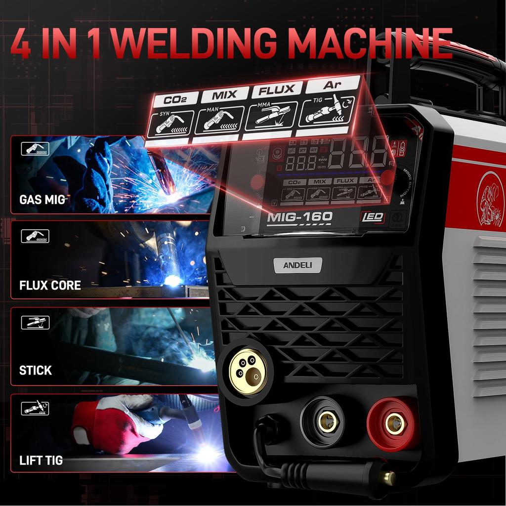MIG Welder MIG-160 AIR 160A GAS MIG/FLUX MIG/LIFT TIG/MMA 4-In-1 Multiprocess Welding Machine ANDELI LED Digital Display Synergic Control