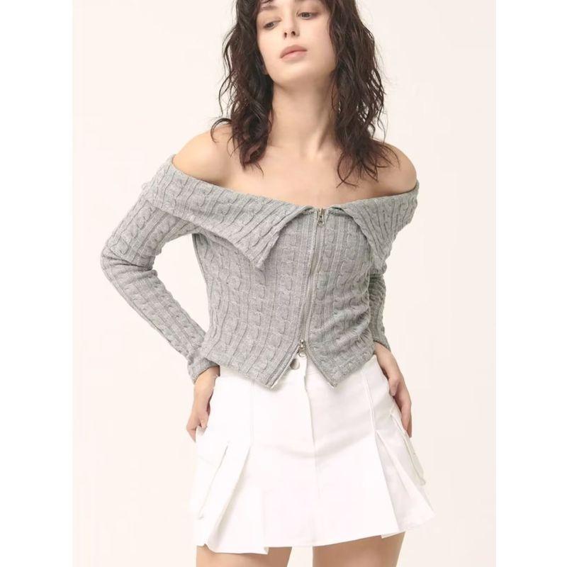 Cable Stitch Large Lapel off-Shoulder Double-Headed Zipper Knitwear