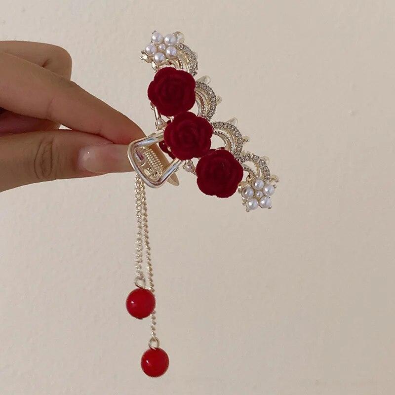 Vintage Velvet Red Rose Hair Claws For Women Luxury Metal Clamp Clip Barrettes Hairpins New Rhinestone Hair Accessories Headwear