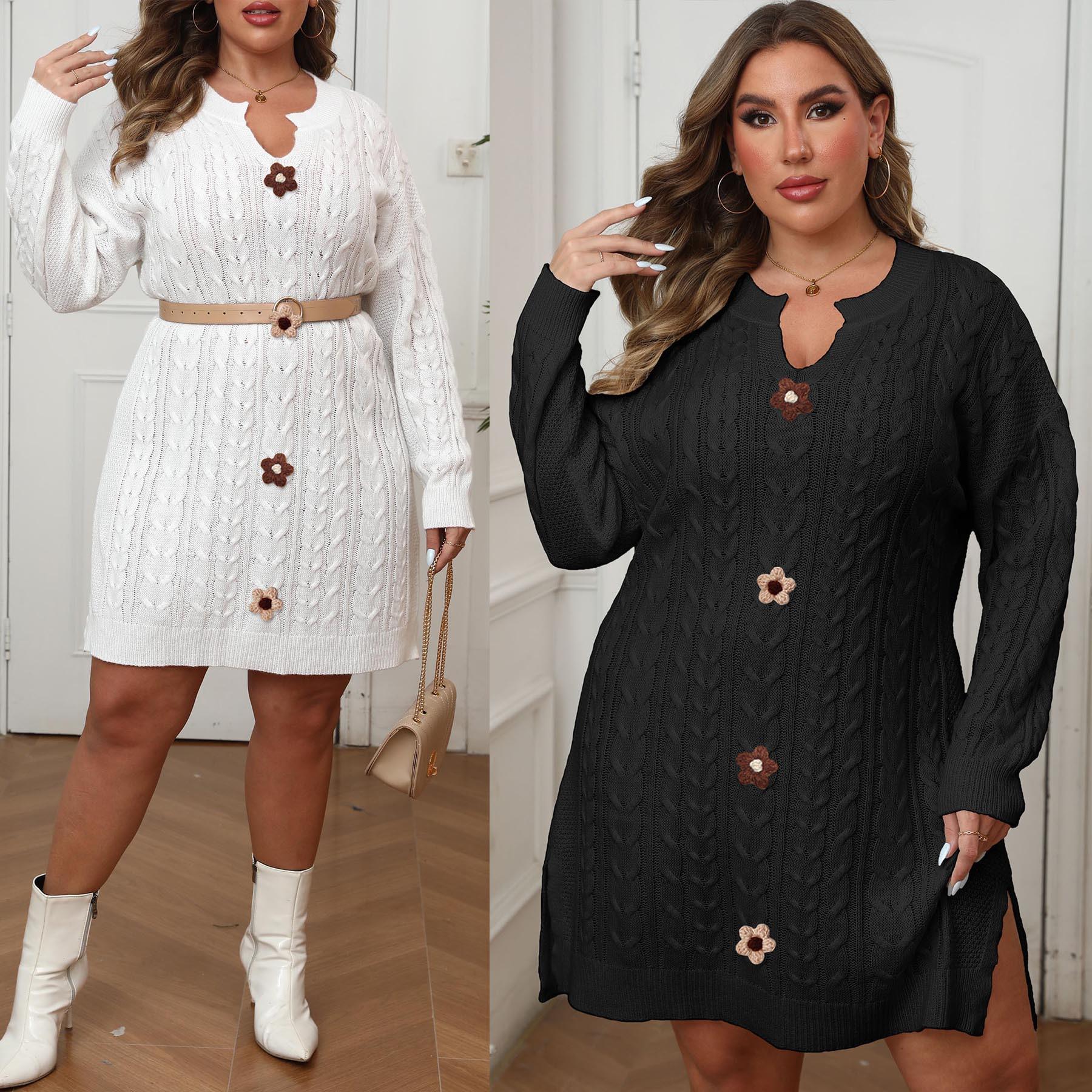 

Женское платье большого размера с V-образным вырезом однотонное осенне-зимнее юбка-свитер 2XL чёрный