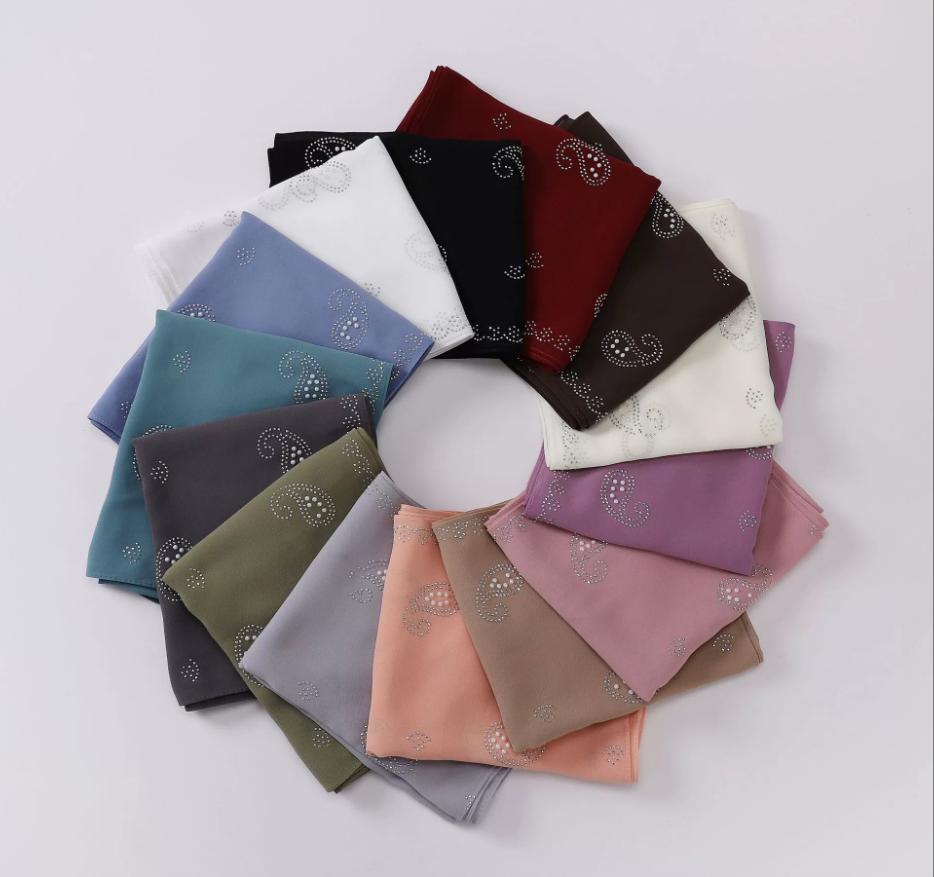 Fashion Muslim Chiffon Hijab With Rhinestones Diamonds Solid Headscarf Wraps Ramadan Islam Scarf For Women Turban Headband