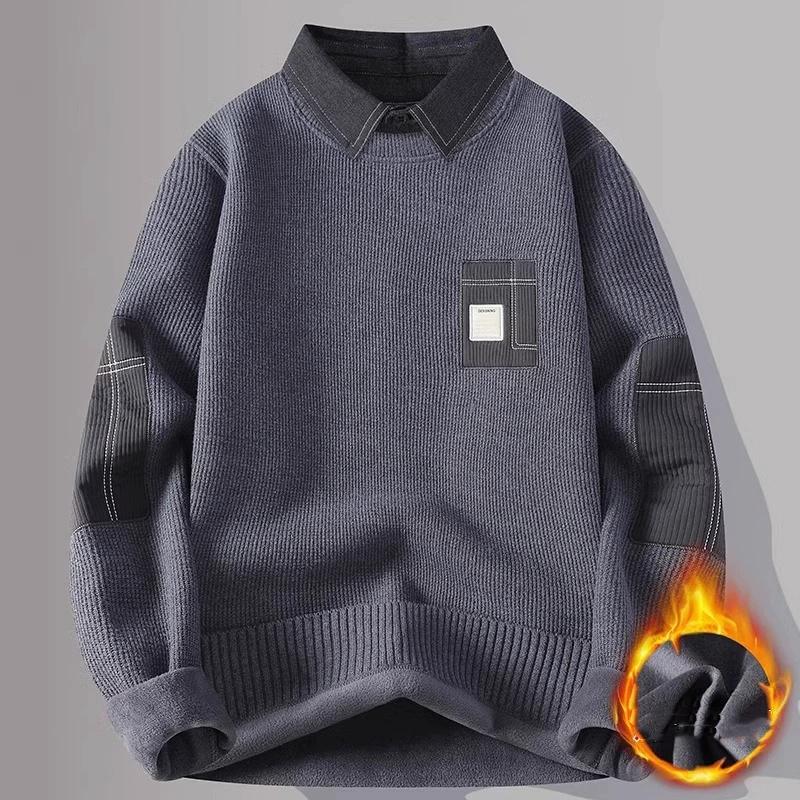 Herren Fleecegefütterter Verdickter Langarm Strickpullover Herbst Winter Stil Hemdkragen Weiches Polyester Freizeitkleidung