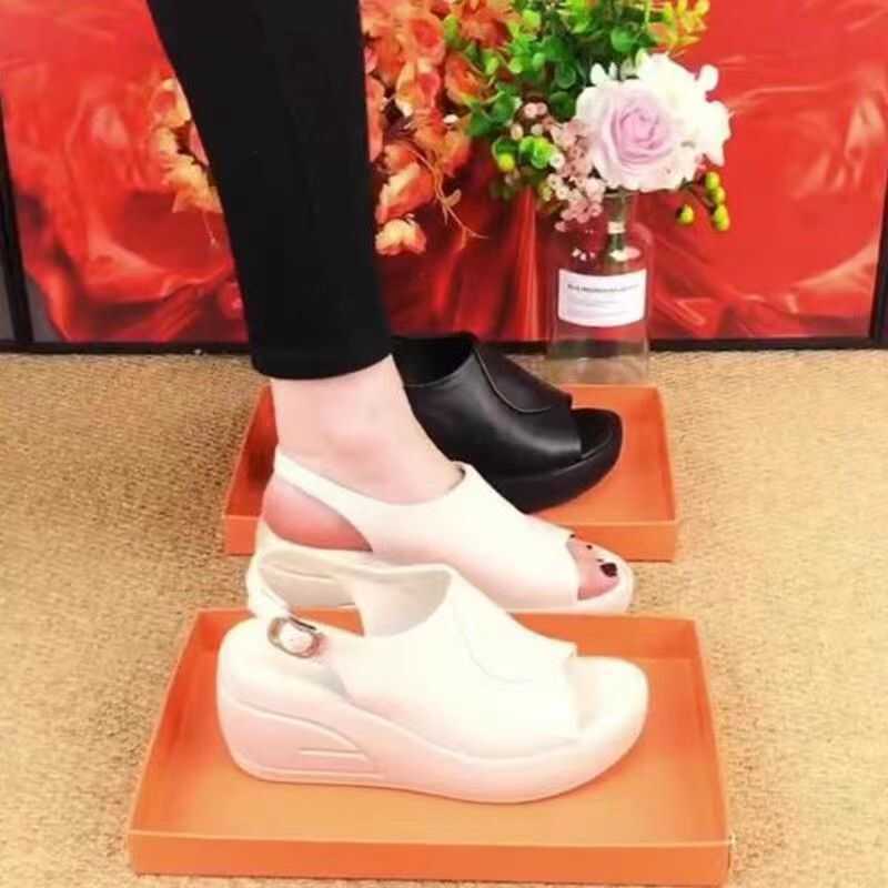 2025 summer new real soft leather slope heel cool slippers women wear fashion Internet celebrity muffin thick bottom one word cool slippers