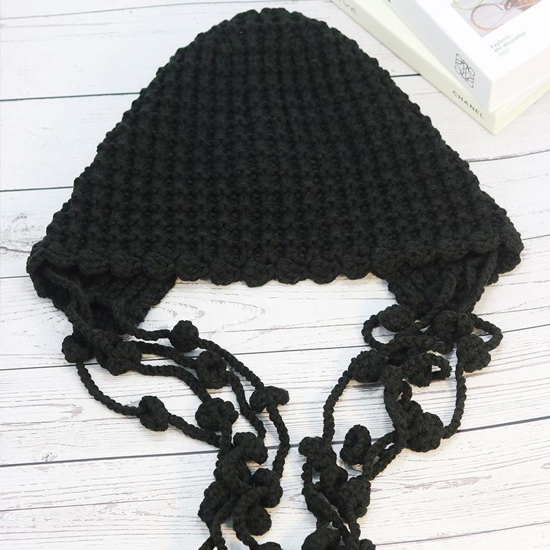 Winter Handmade Fashion Flow Speed Ball Wool Cap Thickened Warm Baotou Cap Women's Ear Protectors Straps Knitted Hat Tide