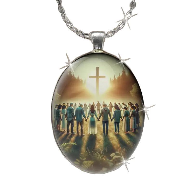 Stylish Cross Party Prayer Pattern Oval Pendant Stainless Steel Necklace