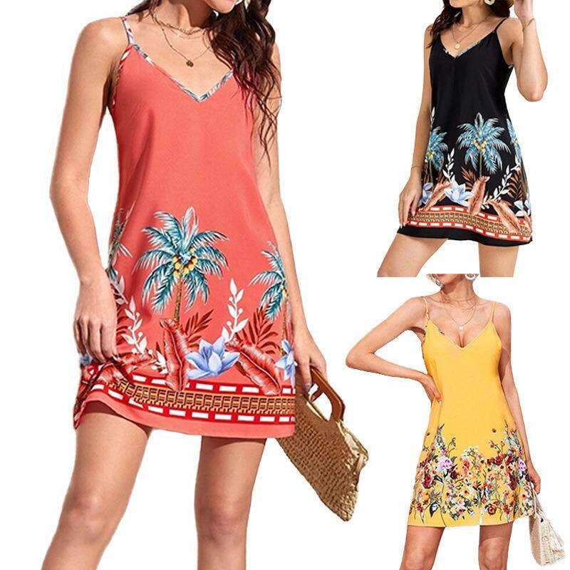 

2025 Amazon Summer European and American Women s Fashion Export Sexy Strap Dress Tropical Camouflage Print Dress in Stock Black 2XL