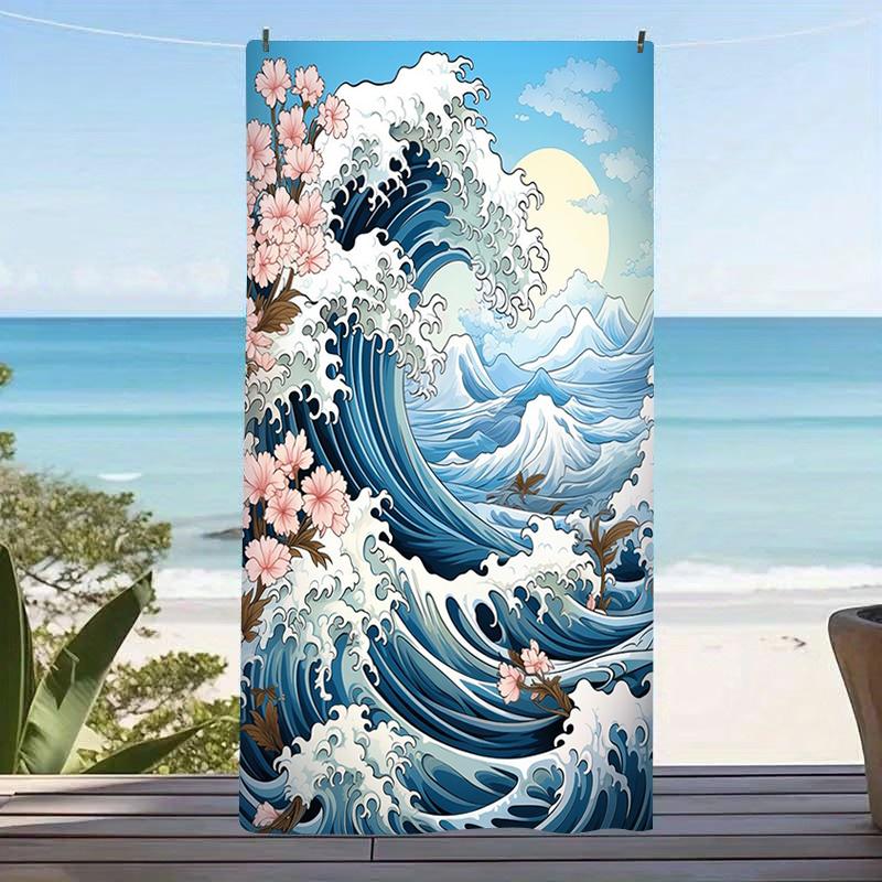 Vintage Ukiyo-e Ocean Wave Microfiber Beach Towel Pastel Pink Sky Bath Towel Aesthetic Kanagawa Swim Blanket For Vacation