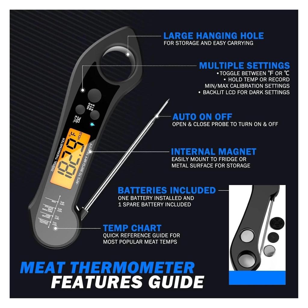 Großes digitales LCD-Lebensmittelthermometer - Schnelle, genaue Fleischtemperaturmessung, Haltefunktion, 180° ausklappbarer Schalter(C.)
