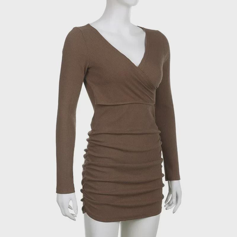 Sexy V-Neck Pleated Autumn/Winter European & American Style Slim Dress