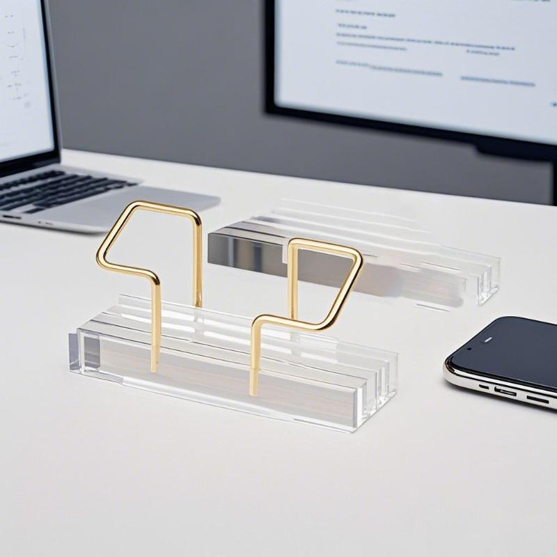 Elegant Acrylic Business Card Holder with Golden Metal Base - Clear PMMA Desktop Display Stand for Invitations