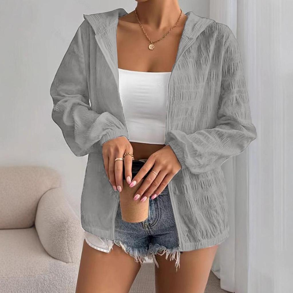 2025 Women's Solid Color Hooded Jacket – Casual Long Sleeve Zipper with Sun Protection