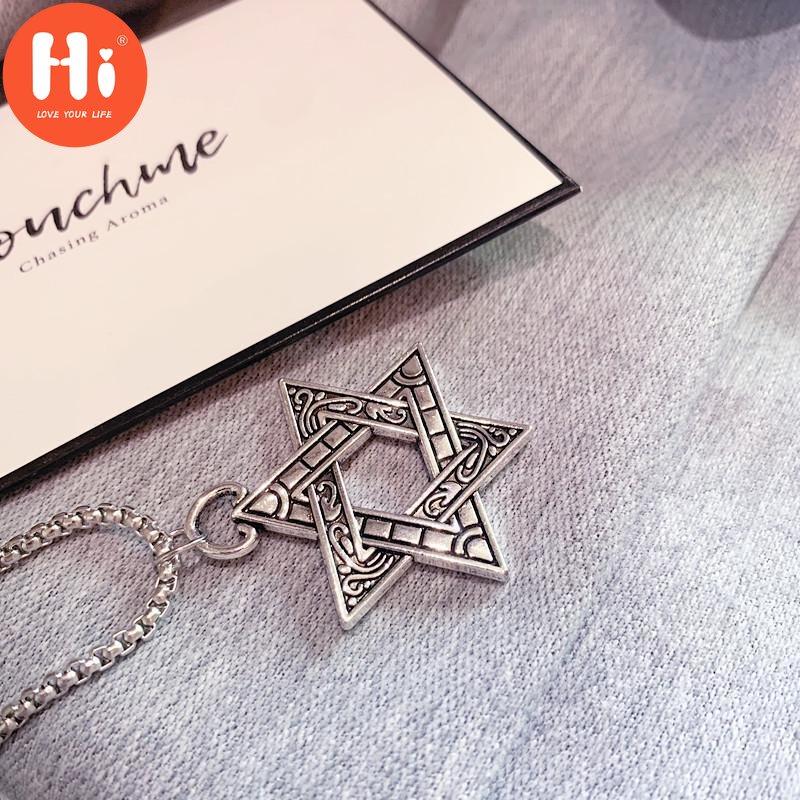 Hi Six-pointed Star of David Pendant Necklace Double-sided Retro Titanium Steel Punk Jewelry for Men Boys