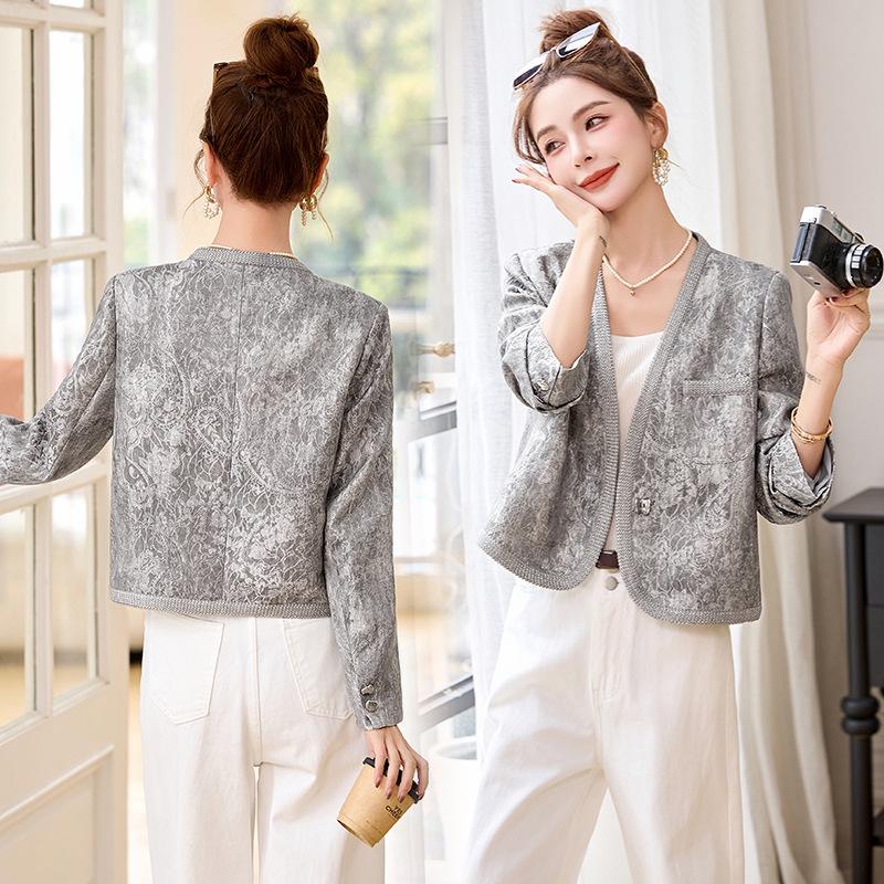 

Женская модная куртка с жаккардовым узором и V-образным вырезом, весна 2025 M (90-110 jin) серый