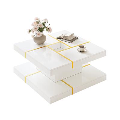 Mesa de Centro de Dois Níveis Feita de Aglomerado, Quadrada com Acabamentos Metálicos Dourados, Recesso Central, Design Escalonado para Sala de Estar