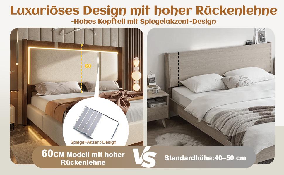 180x200 double bed upholstered bed with slatted frame, LED & storage bed, hydraulic, linen beige & walnut, without mattress