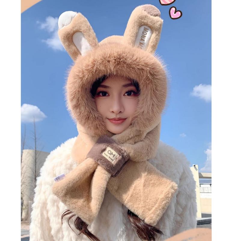 Thickened Hat Scarf with Cute Ears Plush Winter Hats for Women Beanies Pompom Knit Bonnet Fluffy Winter Cap Bomber Hats Women Outdoor Winter Warm Hat