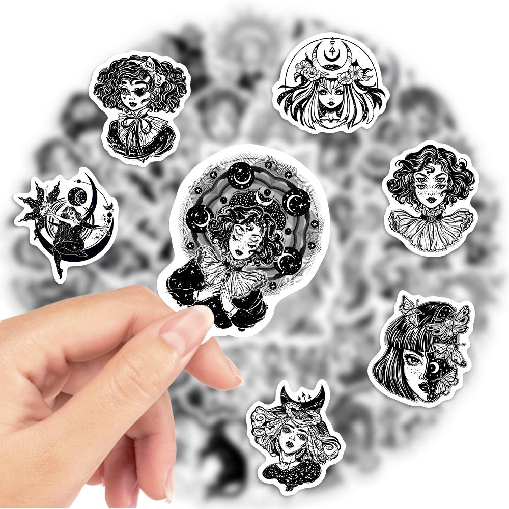 Fantasy Gothic Witch Stickers Black White DIY Toys Gift Decorative Decal for Laptop Phone Scrapbook Diary Luggage Waterproof
