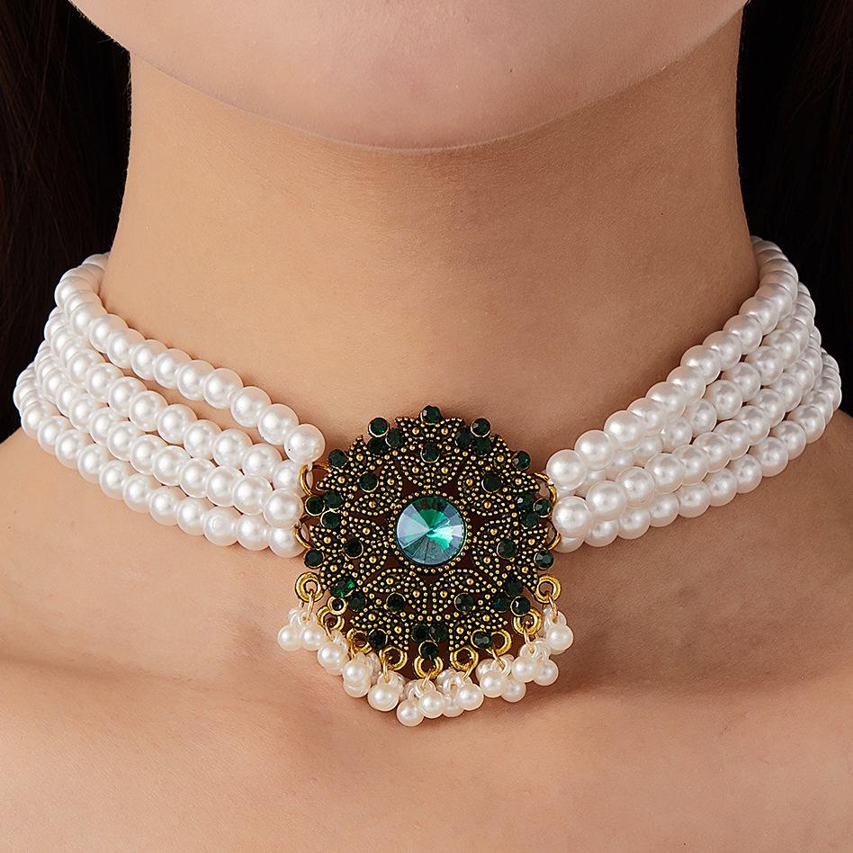 Crystal Rhinestone Pearl Necklace Vintage Court Style Multi - Layer Layered Choker for Women