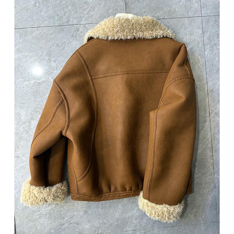Women's 2024 Winter Korean Lapel Lambswool Fleece Short Leather Coat