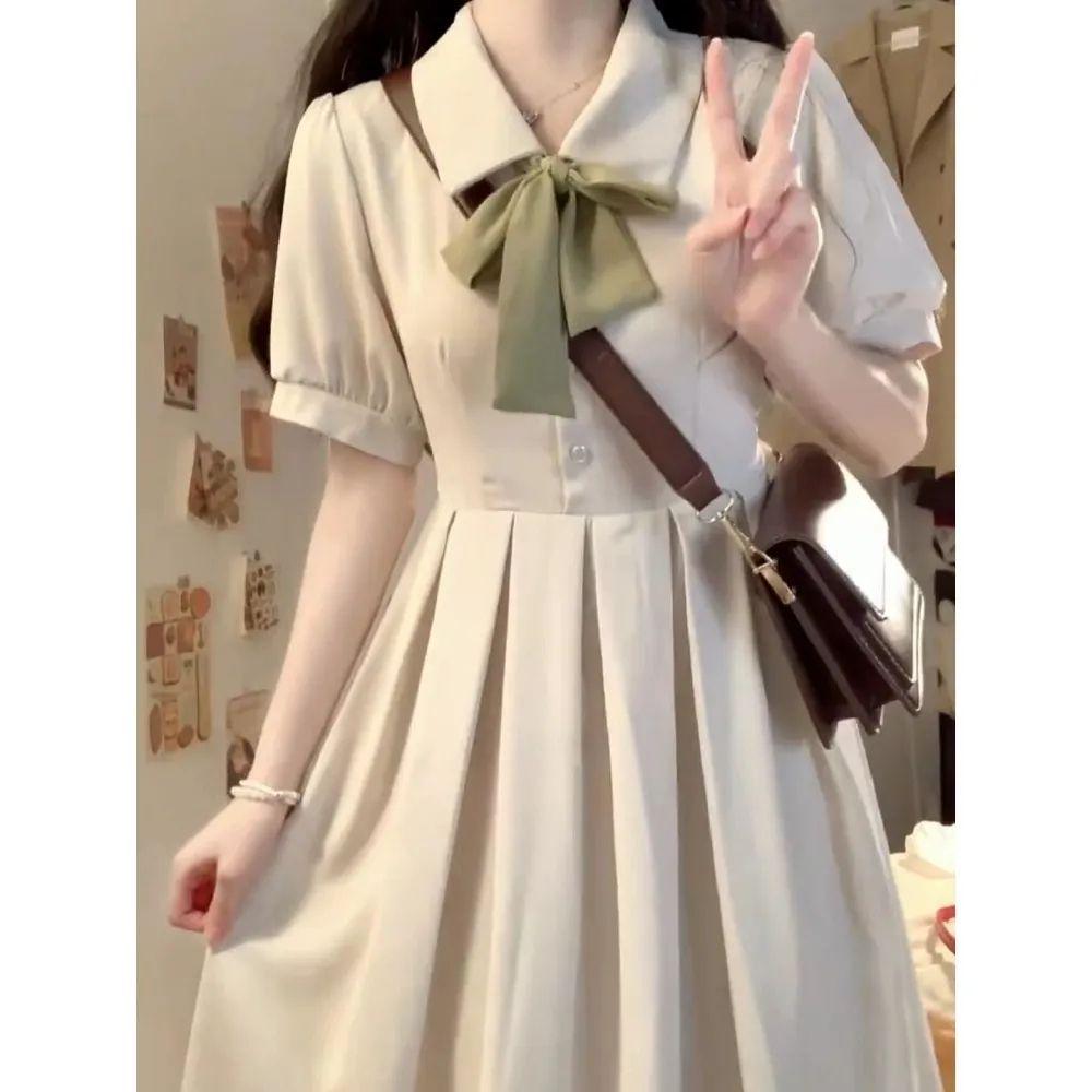 Summer College Style Lace-up Bow Dress for Women - Sweet Waist-Cinching Mid-Length A-Line Skirt