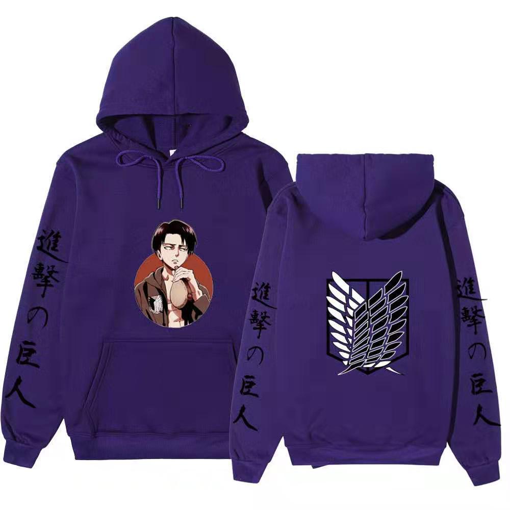 Attack On Titan Levi Ackerman Hoodie Unisex Fleece Sweatshirt, Front Character Print, Back Wings Logo, Japanese Sleeve Text, Autumn Winter Pullover