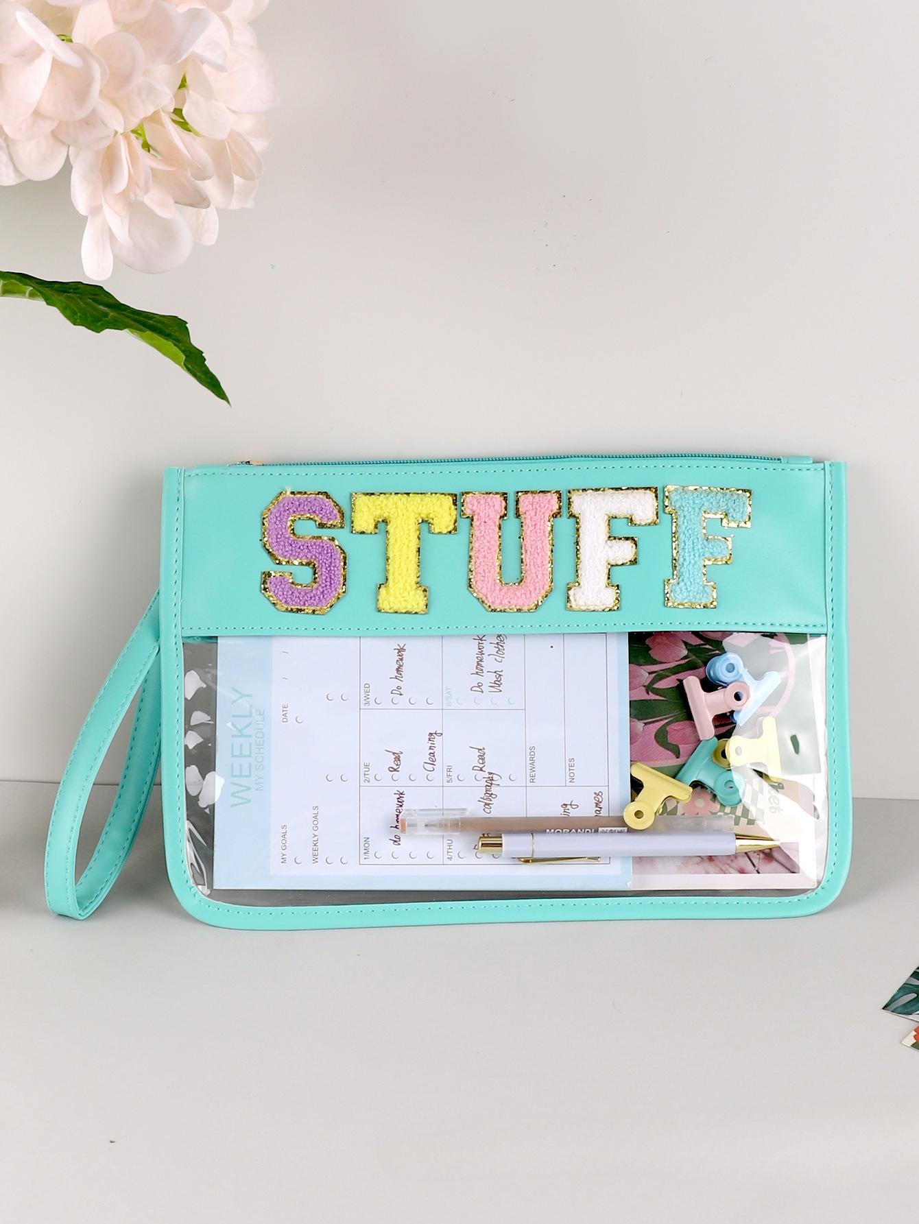 Transparent Letter Makeup Bag Large Capacity Storage Bag PVC Waterproof Cosmetic Bag Embroidery Splicing Household Storage