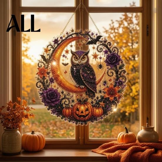 Sparkling Craft Kits for Teens Halloween Ghost/Owl Diamond Art Hanging Ornament Kit, Indoor Holiday Decorative Accents Painting Suncatcher,