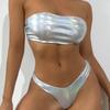Women Sexy Glossy Triangle Split Bikini Suit Set Summer Tie Side G-String Thong Swimsuit Halter Lace Up Elastic Bikini
