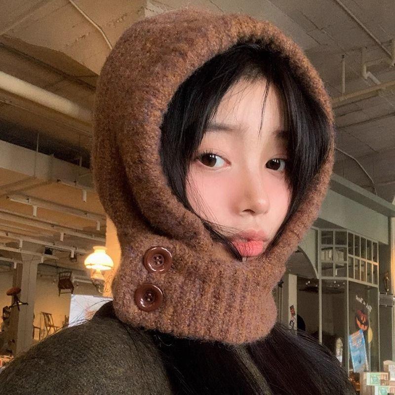 Women's Autumn Winter Cycling Large Head Circumference Wool Hat Warm Ear Protection Scarf Integrated Knitted Hat