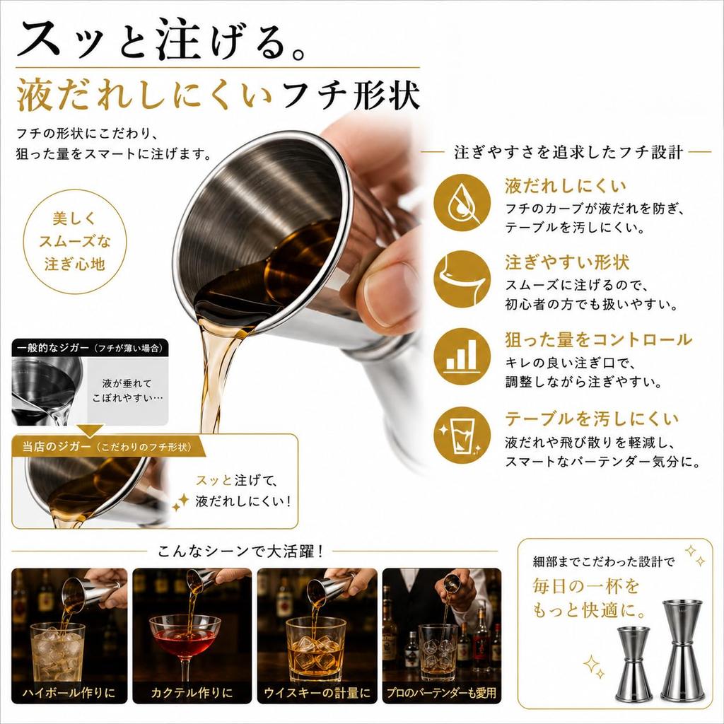 MOCKTAILHOUSE Measuring Cup Jigger Cup with Measurement Markings, 2 Types, Easy To Use, Can Be Placed and Measured, Cocktail Measuring Cup, Stainless