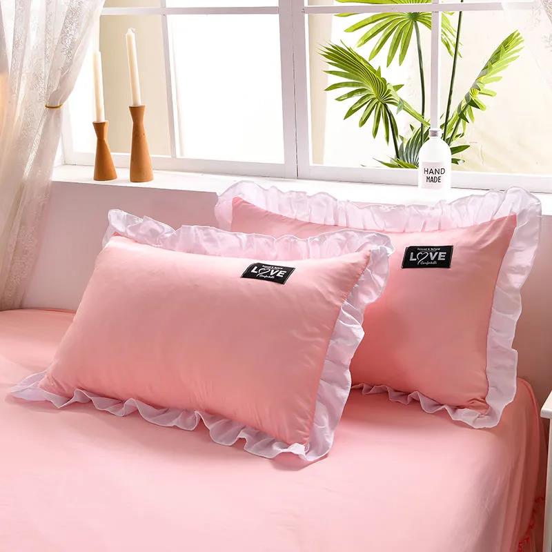 Korean Version of Solid Color Washed Cotton Pillowcase Stitching Lotus Leaf Lace Pillowcase 48*74cm A Pair of Large Pillowcases