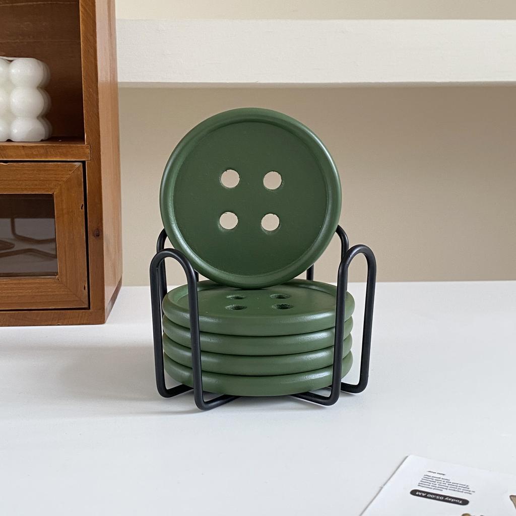 6-Piece Original Colorful Button Coaster Set with Cross-Shaped Iron Rack Coaster Holder Dopamine Round Wooden Coasters Exquisite Coffee Cup Holders